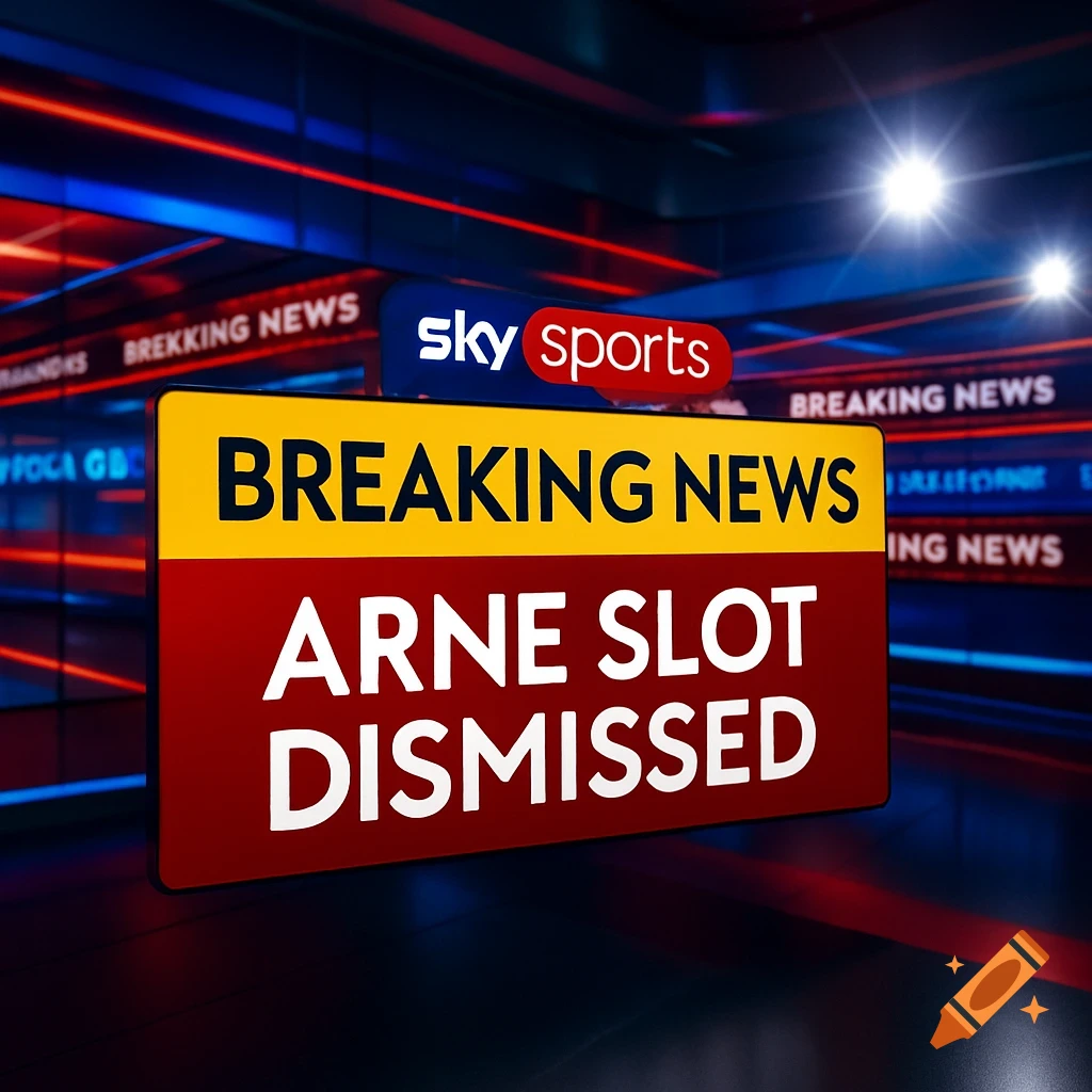 A Sky Sports breaking news graphic with 'BREAKING NEWS ARNE SLOT DISMISSED' in bold yellow and red, against a blue studio background.