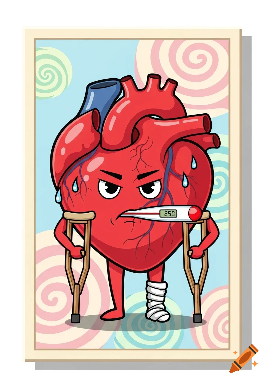 A cartoon heart character, sweating with a thermometer in its mouth showing "250", holding crutches and a bandaged leg.