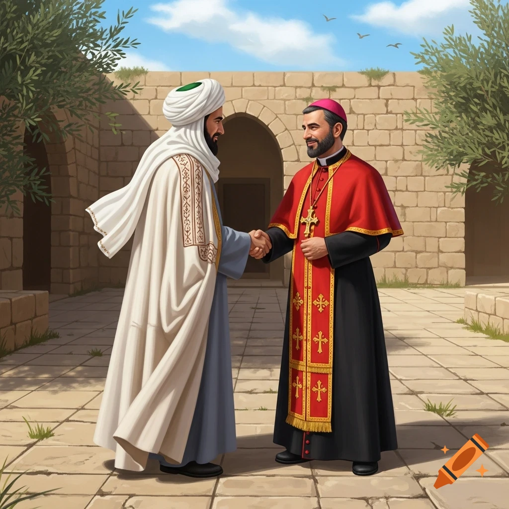 A Muslim cleric in a white turban and robes shakes hands with a Christian priest in red vestments in a stone courtyard.
