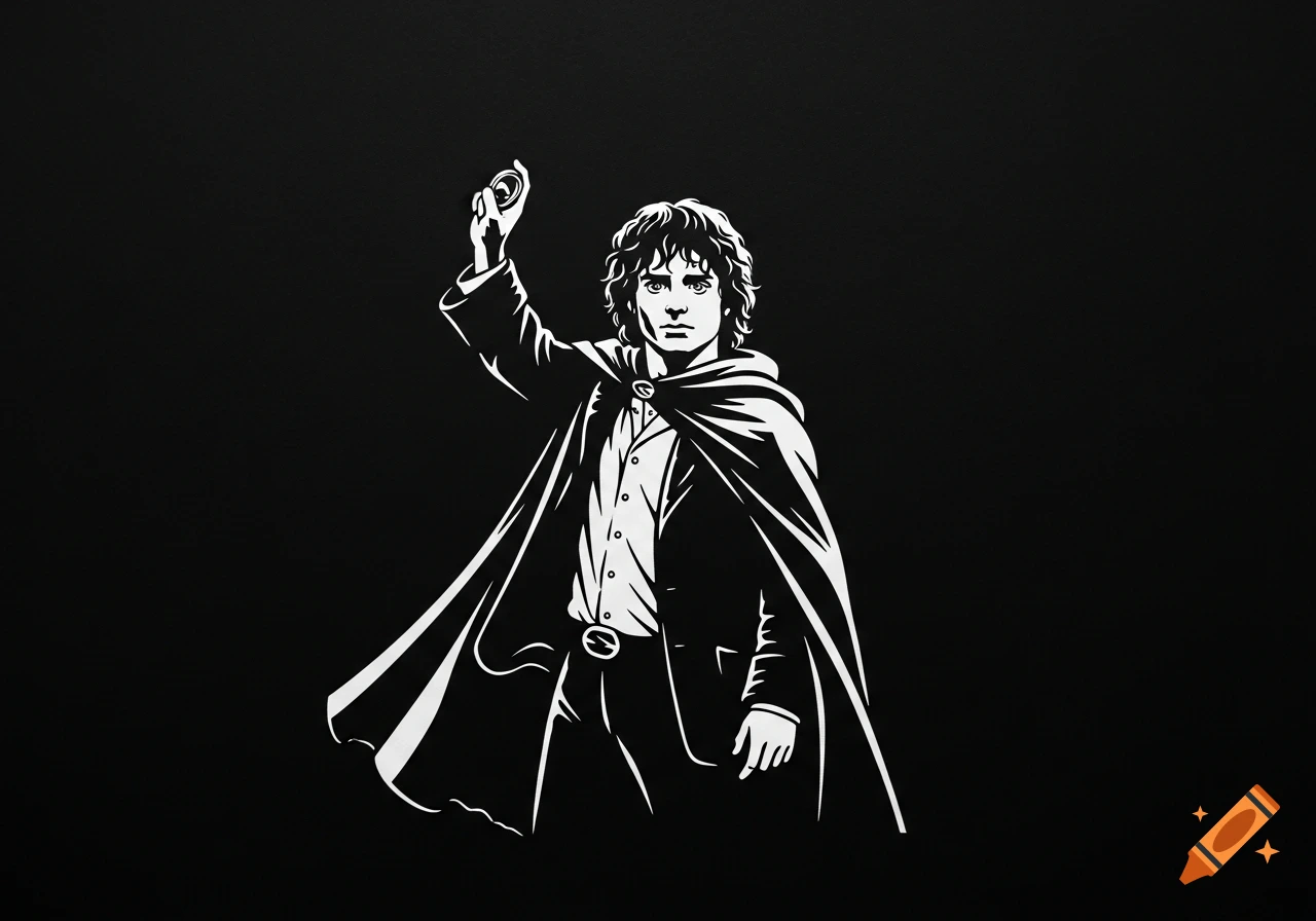 White stencil silhouette of Frodo Baggins holding the One Ring aloft on a black background.