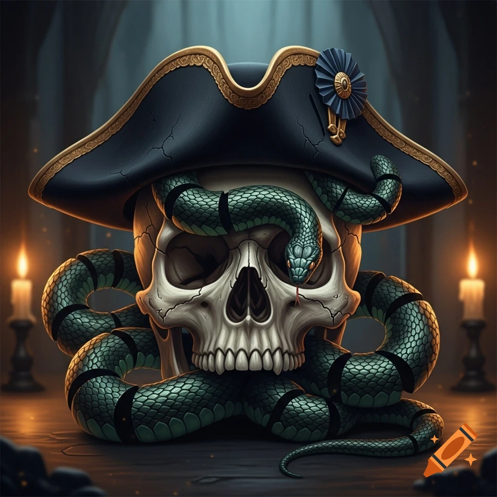 A detailed skull wearing a dark 18th-century bicorne hat, entwined by a textured green snake, against a dark background with two glowing candles.