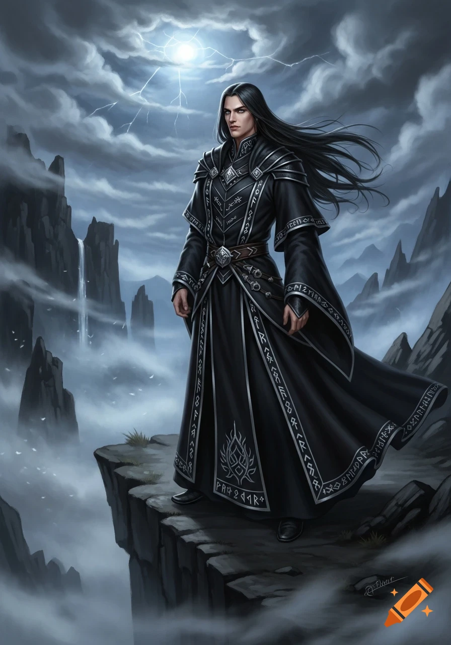 A dark-haired male wizard in an ornate black robe stands on a cliff overlooking a misty, mountainous landscape under a stormy sky with lightning.