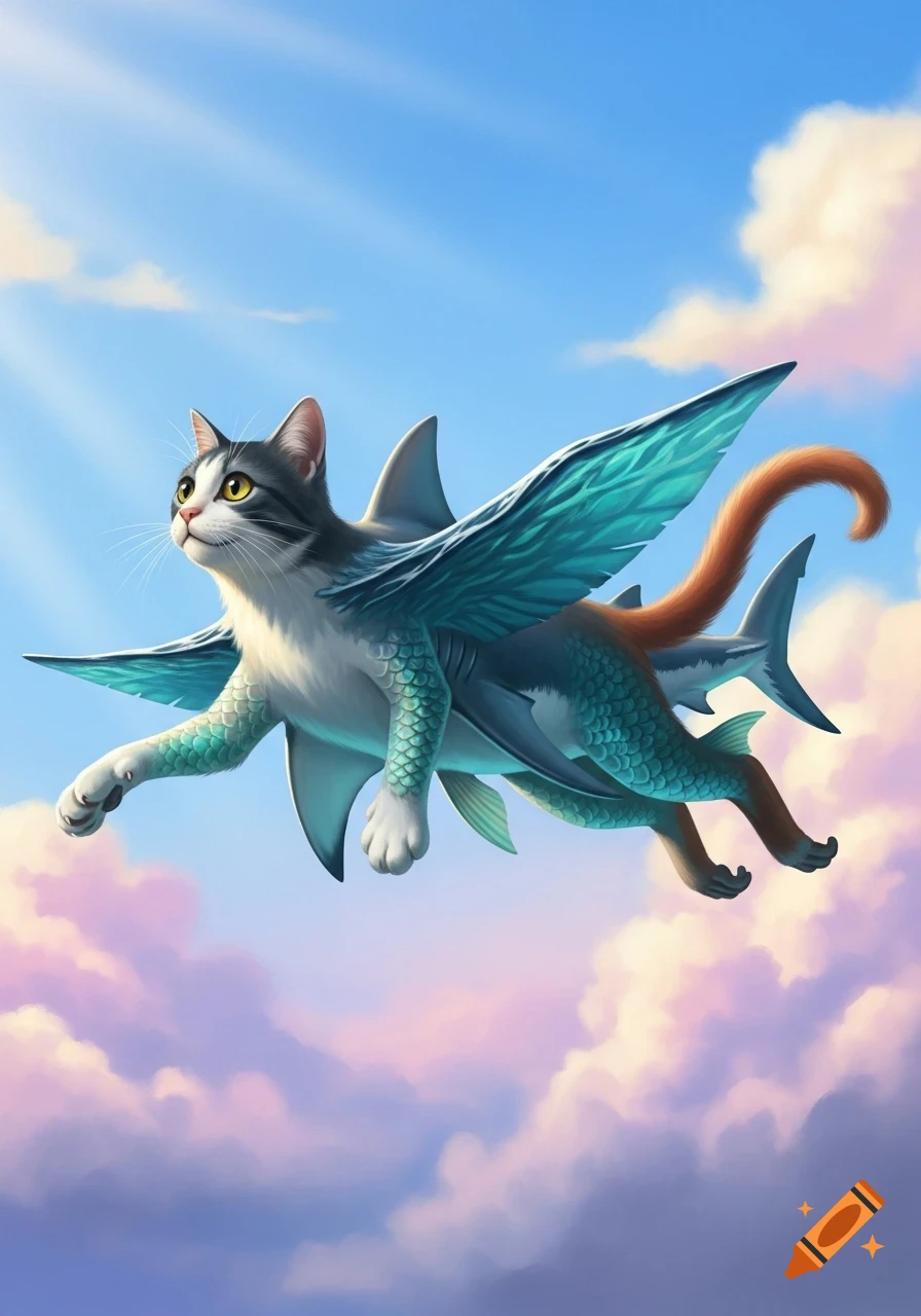 A fluffy tabby cat with teal fish scales, shark fins, and a long brown tail flies gracefully through a blue sky with white clouds.