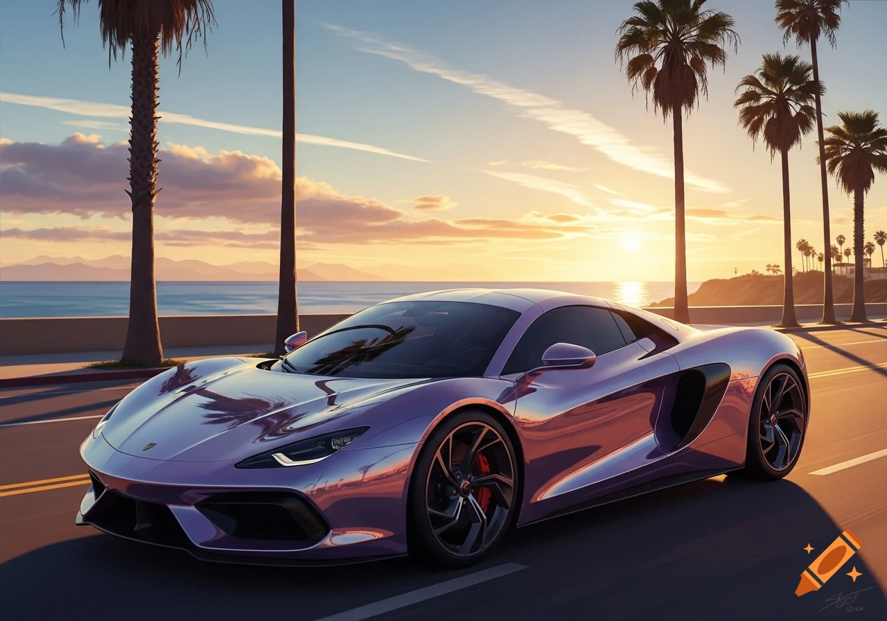 Sleek, purple metallic sports car on a coastal road at sunset, with palm trees and ocean in the background.