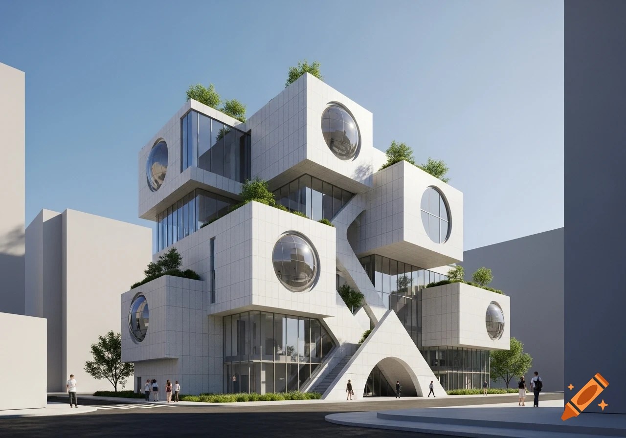 A striking postmodern building with white cubic and rectangular sections, some featuring large circular windows and rooftop greenery, under a clear sky.