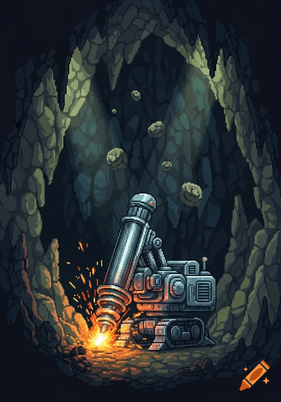 Pixel art of a heavy drilling machine boring a tunnel in a dark cave, with sparks flying.