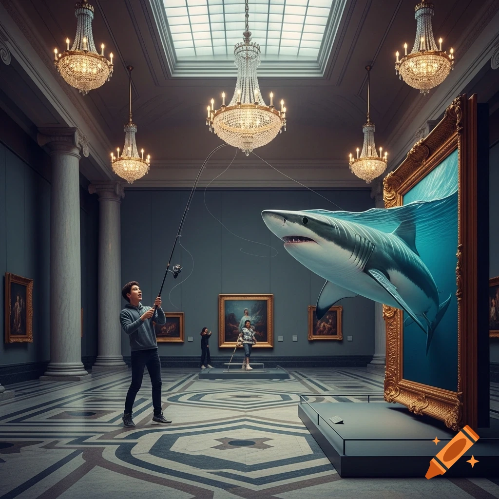 A young man fishes a shark bursting out of a painting in a grand, ornate museum, in a photorealistic style.