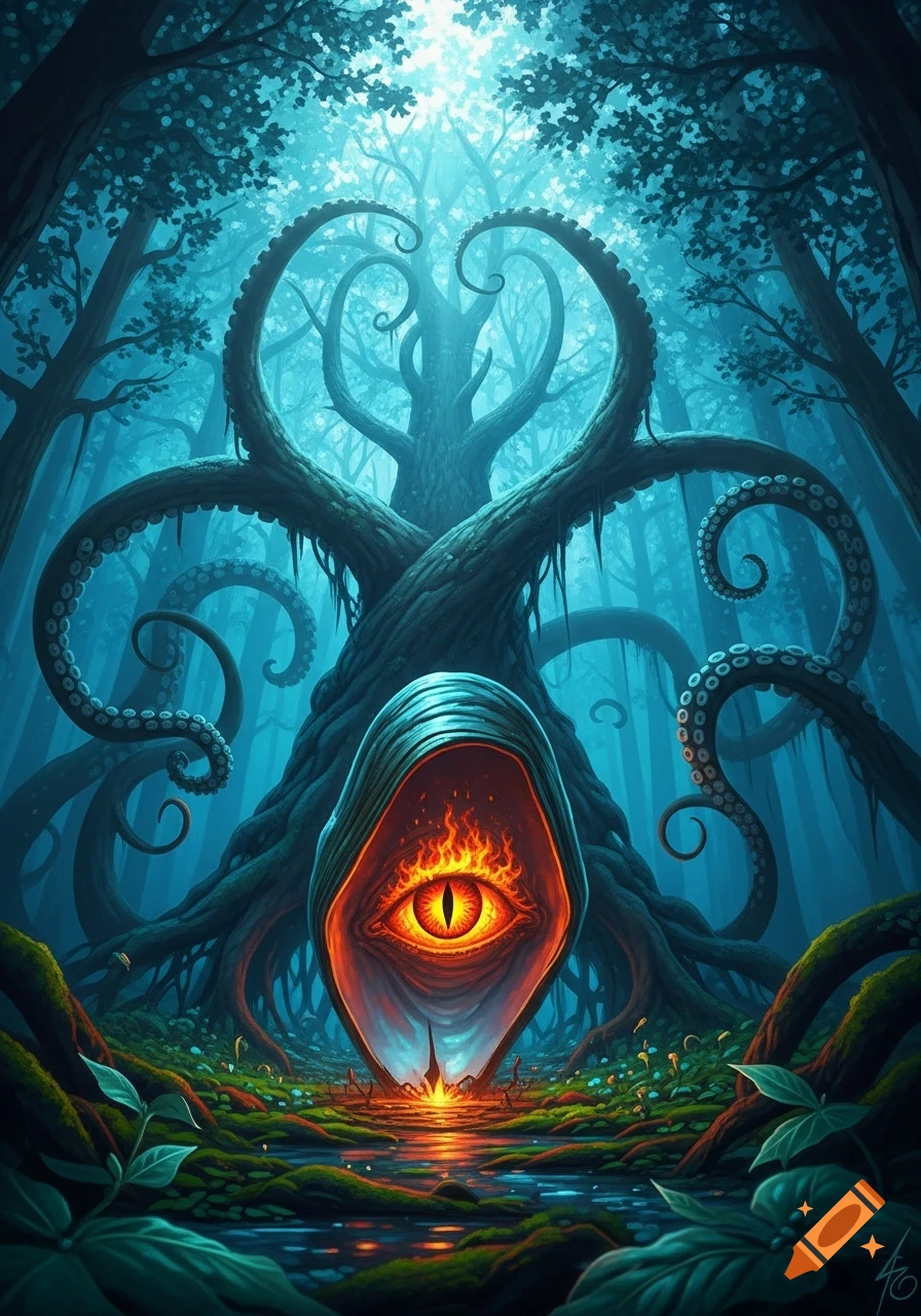 A dark fantasy illustration of a fiery, glowing eye in a hooded shell within a mystical forest with tentacled trees.