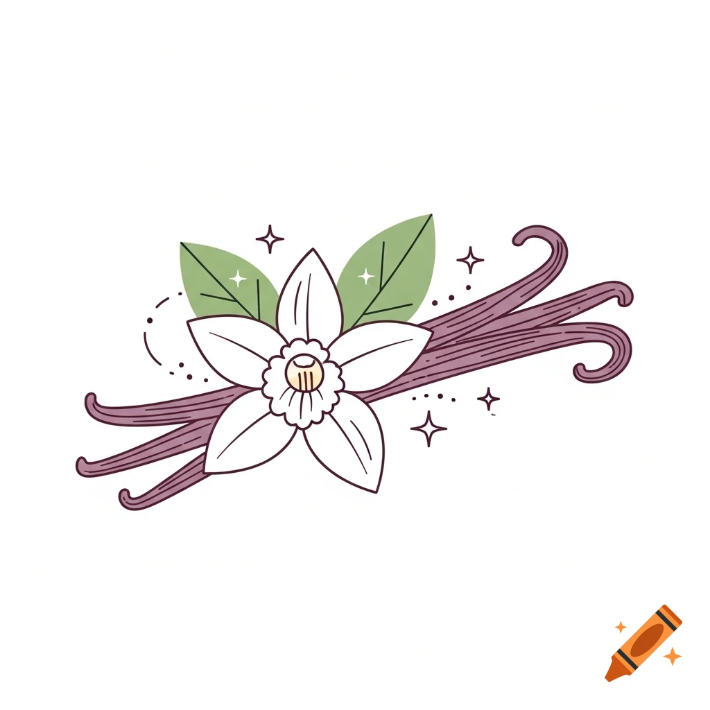 Minimalist illustration of a white vanilla flower with green leaves, purple vanilla bean pods, and subtle sparkles.