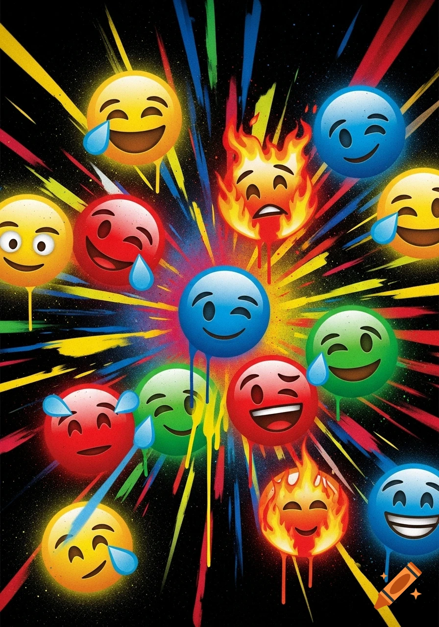 Many colorful emojis, some crying, some winking, some burning, against a black background with vibrant paint splatters and drips in a street art style.