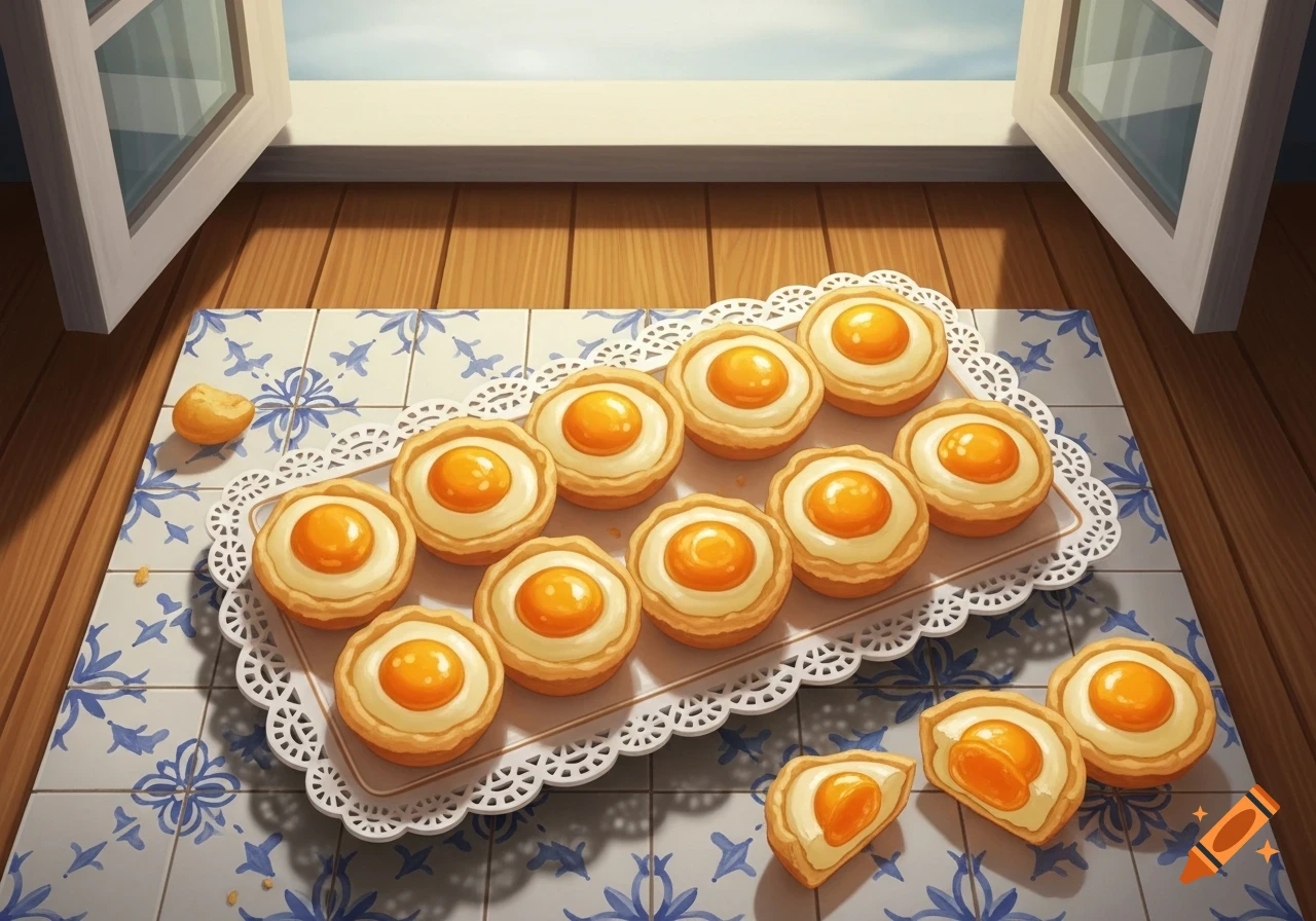 A tray of egg tart-like pastries with bright orange centers on a blue and white tiled surface, by an open window.