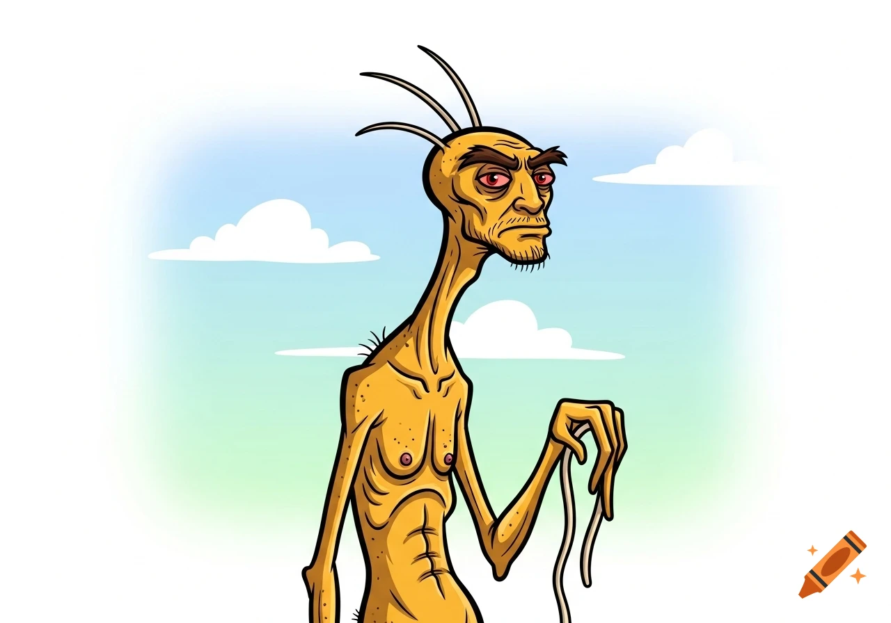 A cartoon of a slim, mustard-yellow creature with red eyes, a beard, prominent nipples, and three head hairs, under a cloudy sky.
