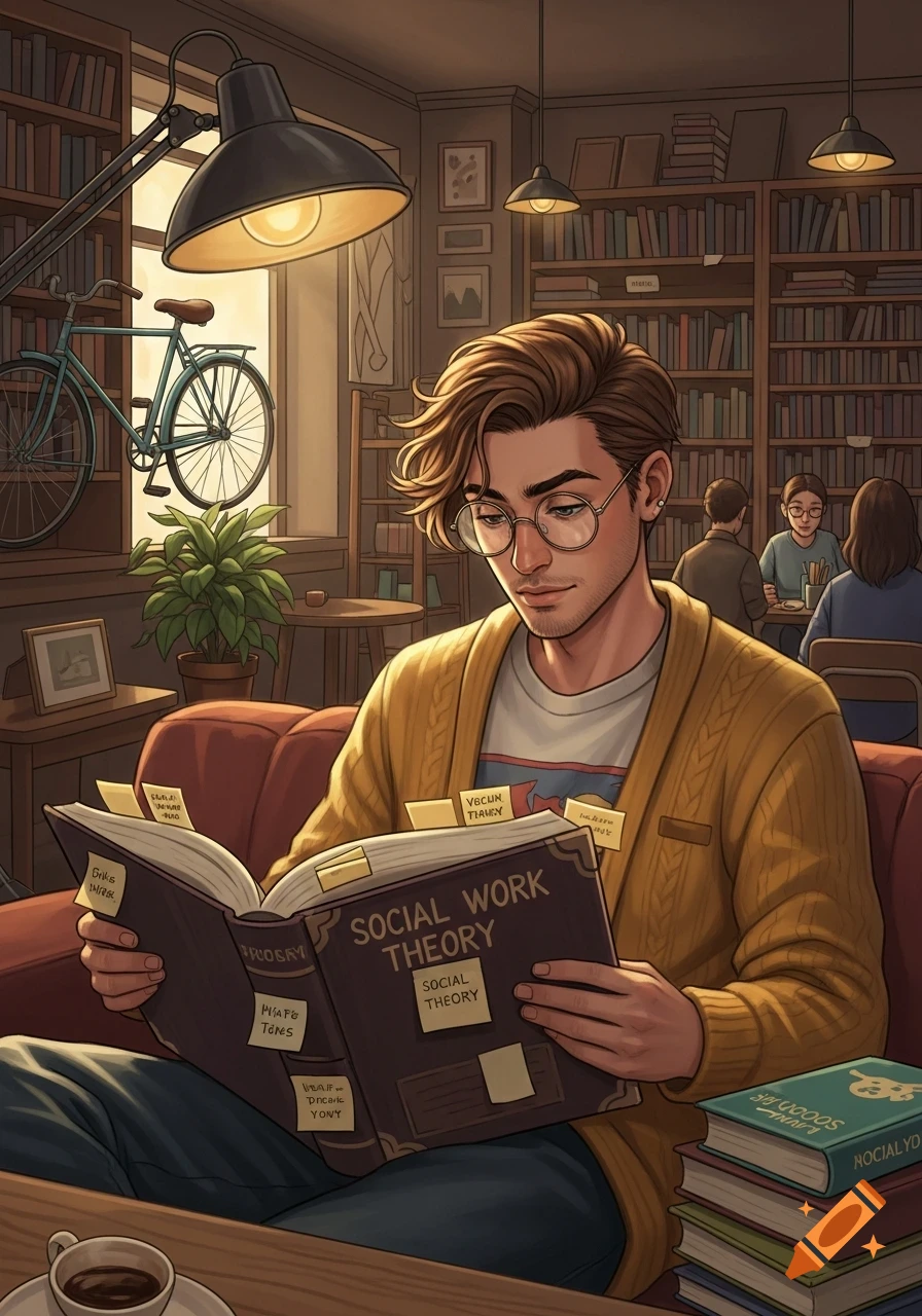 An illustrated image of a hipster student with glasses and a yellow cardigan reading a book titled "SOCIAL WORK THEORY" in a cozy bookstore or library.
