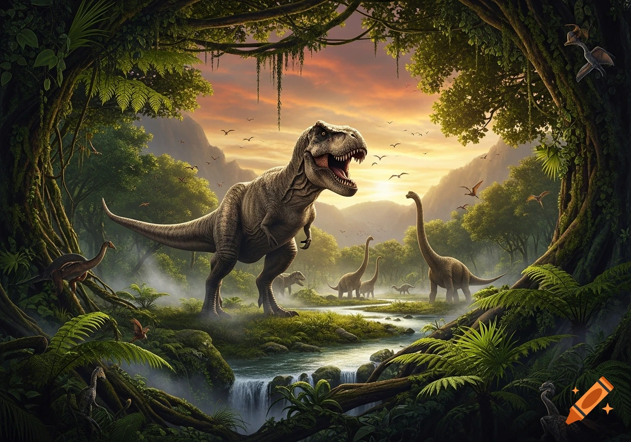 A roaring T-Rex stands prominently in a lush prehistoric jungle, with long-necked dinosaurs, a river, and mountains at sunset.