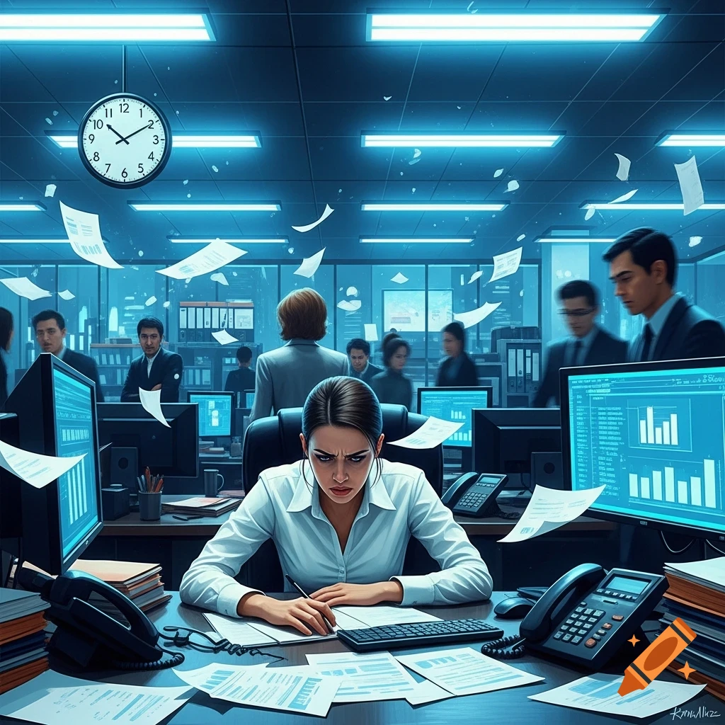A stressed woman works at her desk in a blue-lit, chaotic office with papers flying and busy colleagues, semi-realistic style.