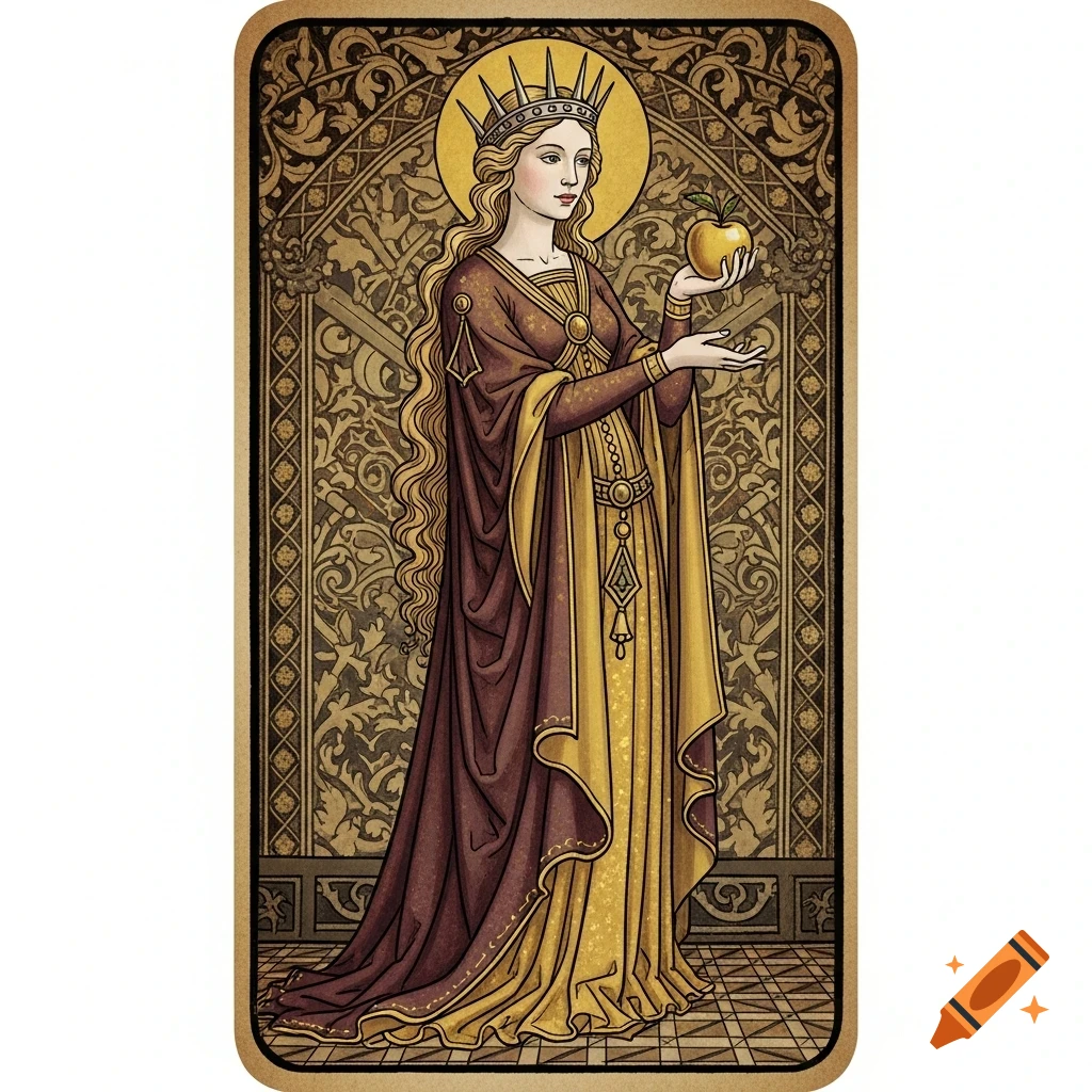 A goddess with long blonde hair, a spiked crown, and a maroon and gold dress holds a golden apple, in a medieval tarot card style.