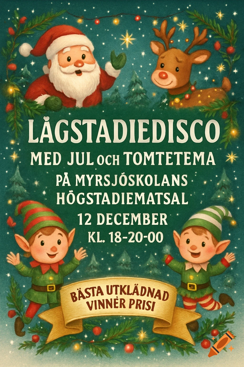 A festive Christmas disco invitation with Santa, a reindeer, and two elves on a green background with starry lights, text, and a banner that reads "BÄSTA UTKLÄDNAD VINNER PRISI".