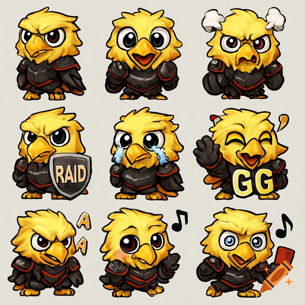 Nine chibi-style golden eagle warrior emojis in black and red armor, displaying various emotions like anger, joy, sadness, excitement with 'GG', a shield with 'RAID', and holding a red card.