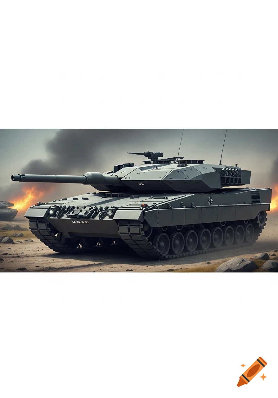 A detailed, modern military tank with a long barrel and machine gun on top, set against a smoky, fiery background on a dirt field.