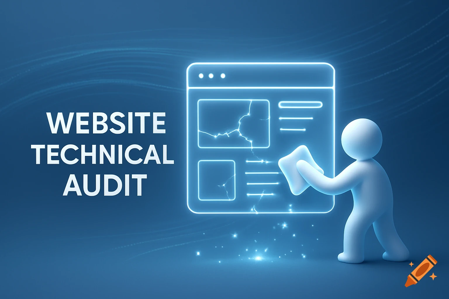 A 3D white figure polishes a glowing blue website layout with cracks, text reads 'WEBSITE TECHNICAL AUDIT', on a digital blue background.