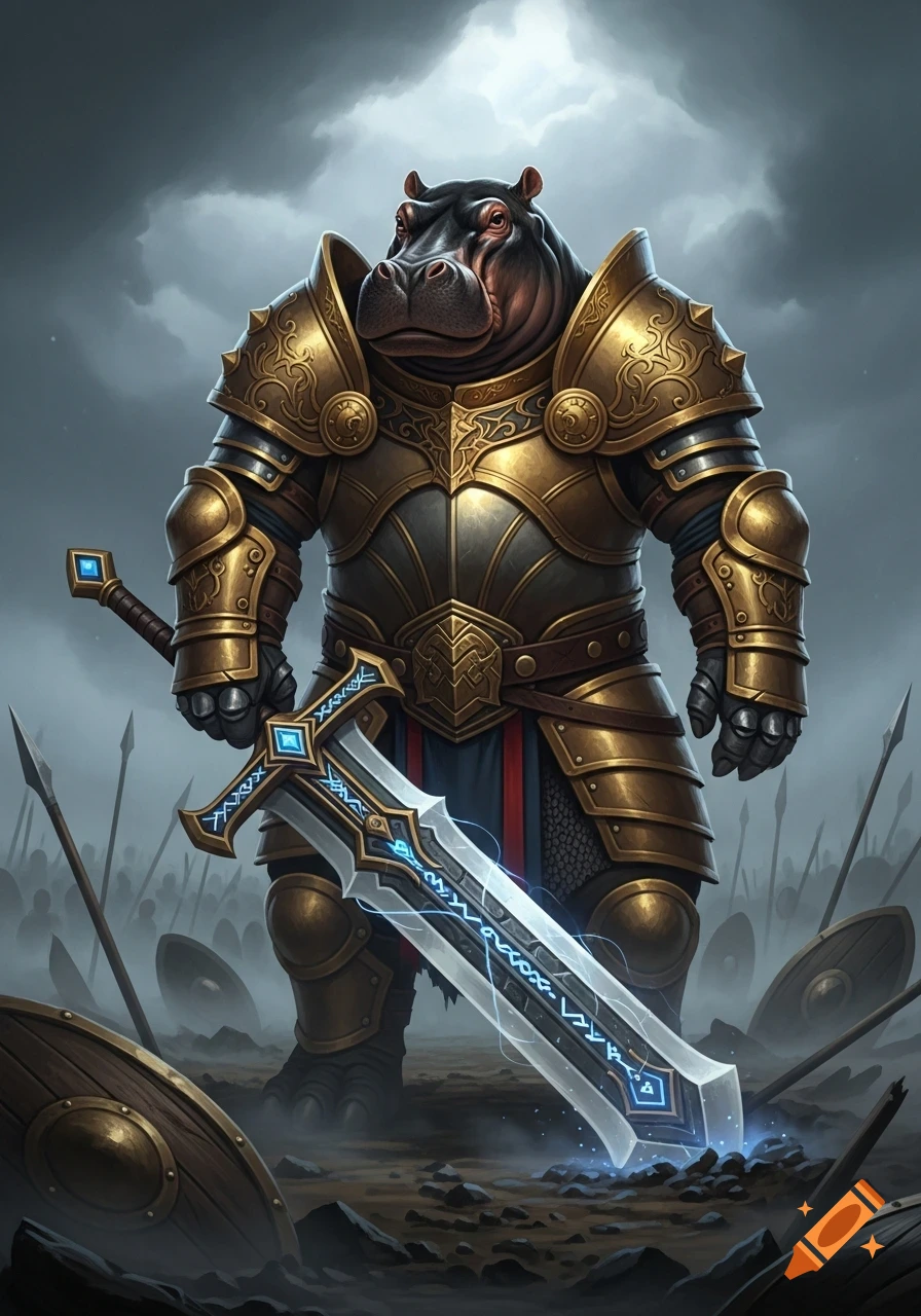 A large, armored hippo knight stands in a smoky battlefield, holding a glowing magical greatsword.