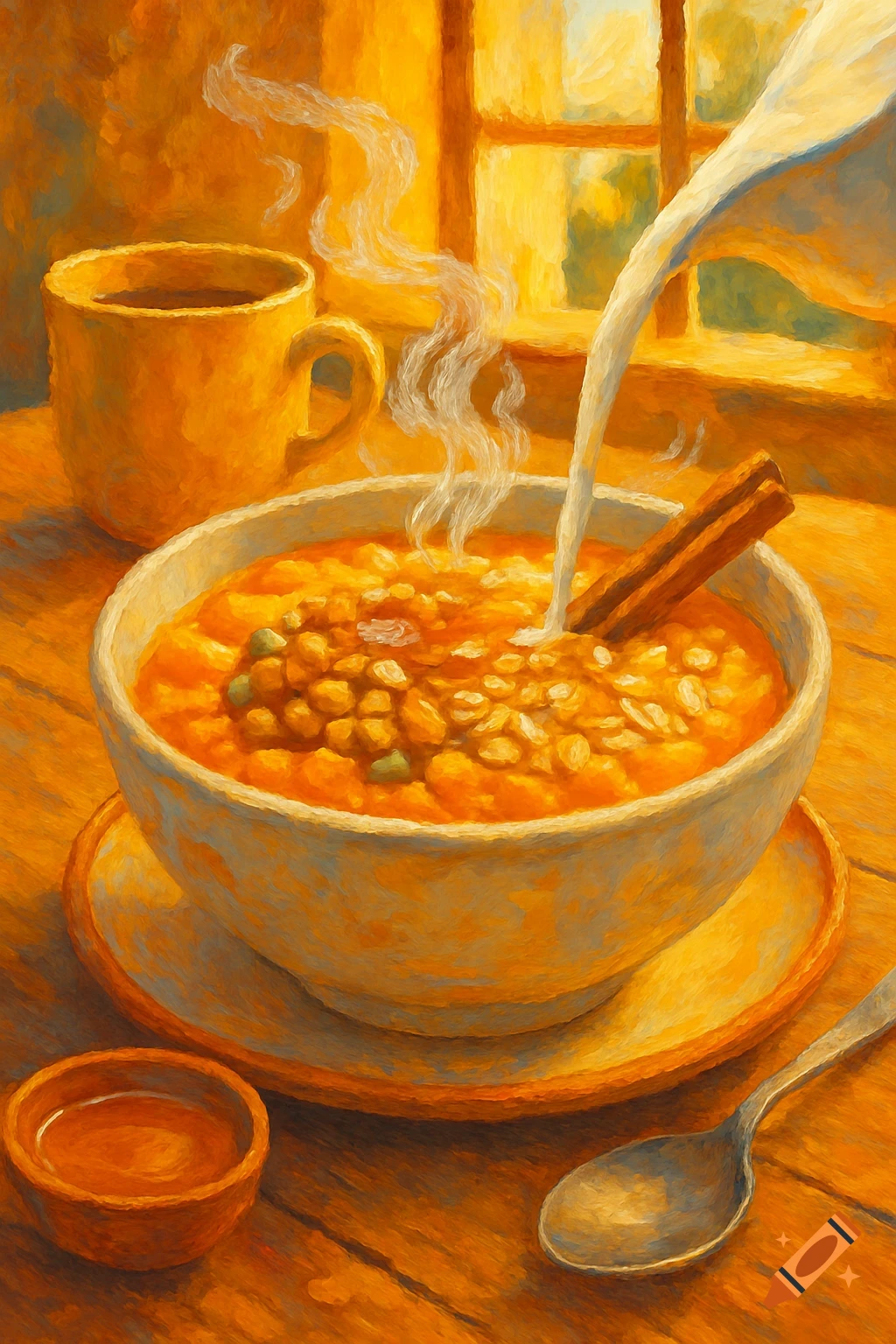 A warm, painterly image shows milk pouring into a steaming bowl of oatmeal with cinnamon sticks on a wooden table, with a mug and window.