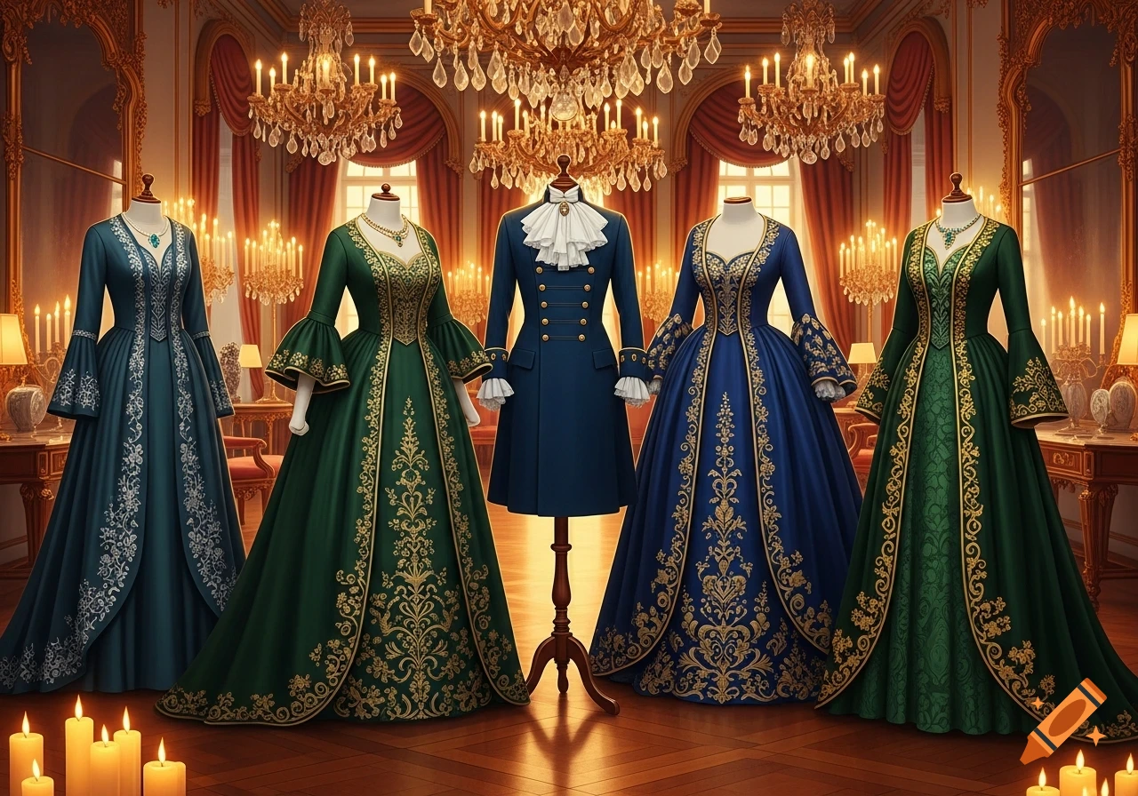 Five mannequins in ornate green, blue, and teal historical dresses and a man's coat in a lavish, chandelier-lit imperial ballroom.