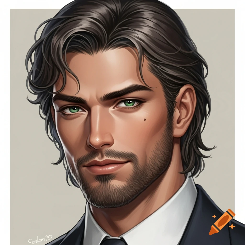 Digital art portrait of a handsome man with dark wavy hair, a beard ...