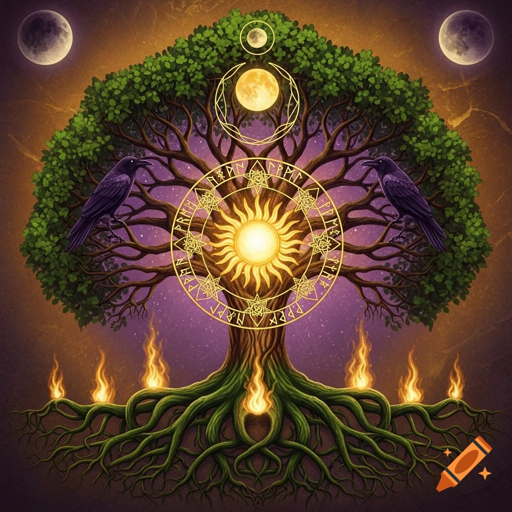 An intricate symmetrical mandala features a stylized tree with a radiant sun at its core, flanked by two black ravens. Two full moons are in the upper corners, and flames rise from the tree's roots, all in gold, purple, and green tones.
