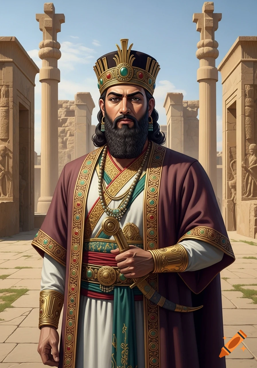 Regal portrait of King Cyrus the Great in luxurious robes and crown, holding a dagger, standing among ancient Persian ruins.