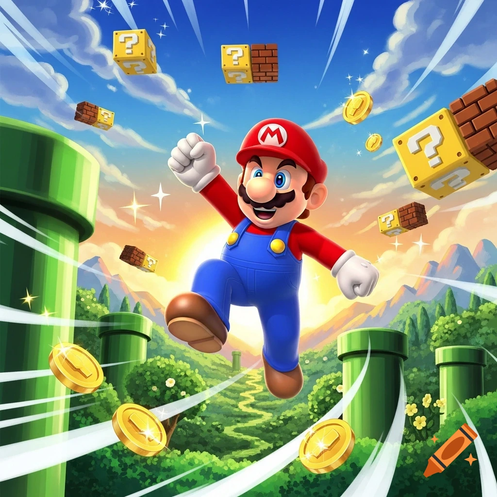Mario jumps energetically through a vibrant green landscape with pipes, golden coins, and floating question mark blocks under a bright, cloud-filled sky.