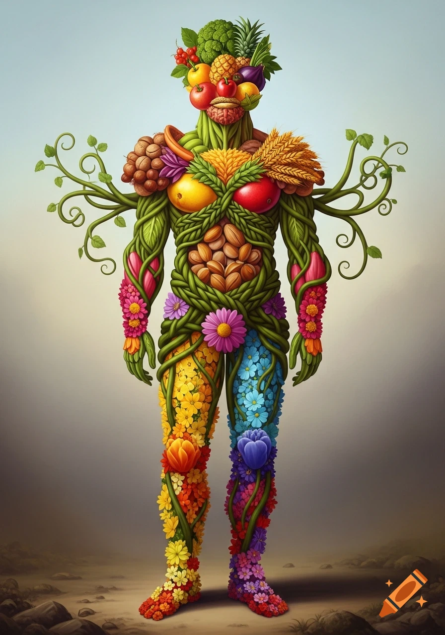 A surreal full-body portrait of a human-like figure made of fruits, vegetables, nuts, grains, green vines, and colorful flowers.
