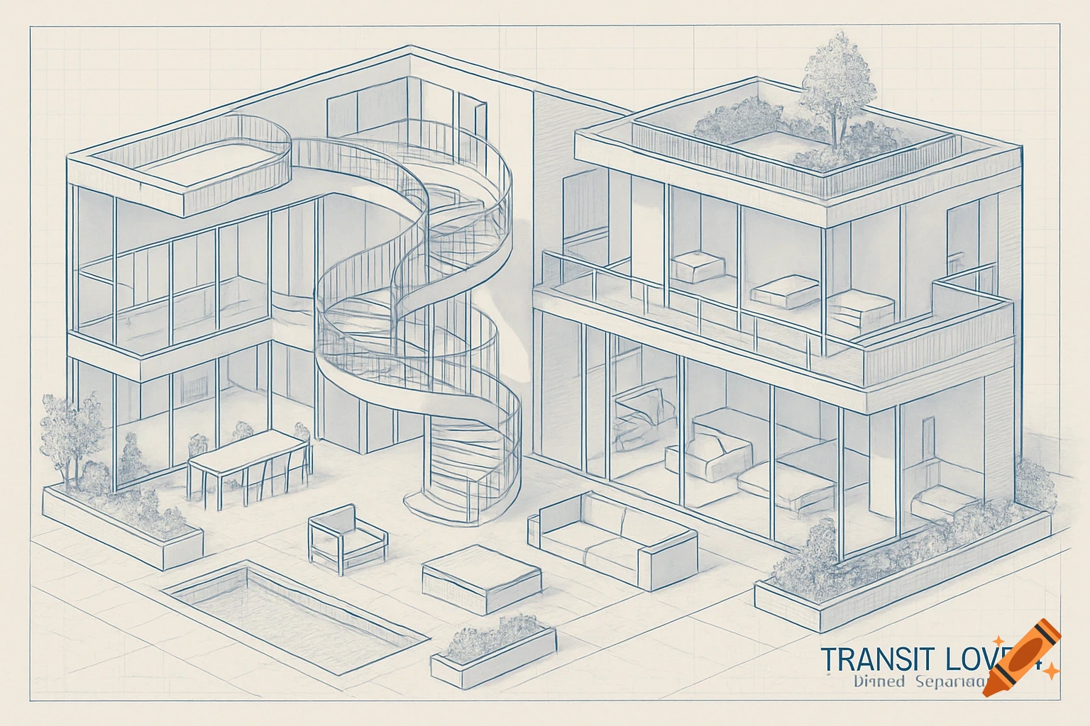 An isometric blueprint of a modern two-story house with a spiral staircase, outdoor patio, swimming pool, and rooftop garden. The design features large glass windows and minimalist furniture.