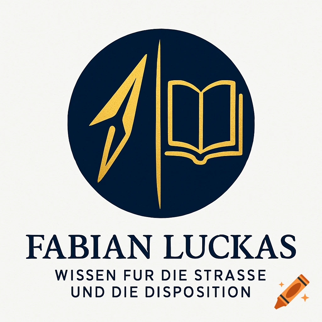 Gold stylized compass and open book icon on a dark blue circle logo with 'Fabian Luckas' and slogan.