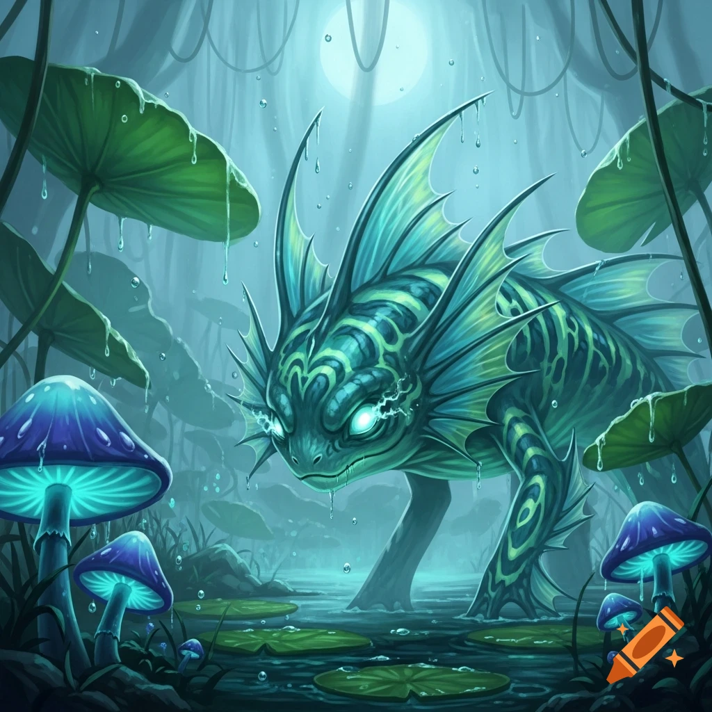 A detailed teal and green aquatic monster with glowing eyes in a misty fantasy swamp with glowing blue mushrooms and lily pads.