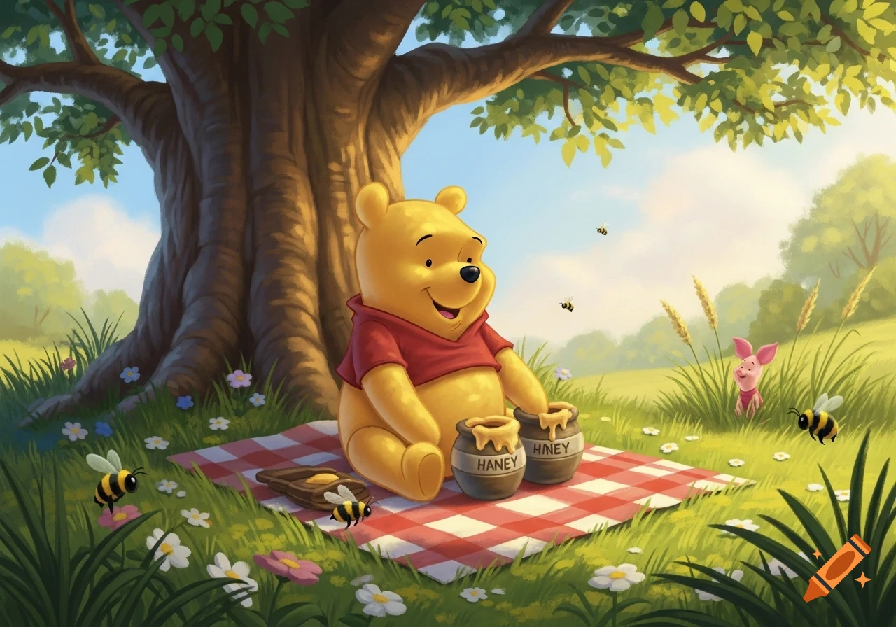 Winnie the Pooh sits on a red picnic blanket under a tree with two honey pots, as Piglet watches from tall grass and bees fly around in a bright cartoon illustration.