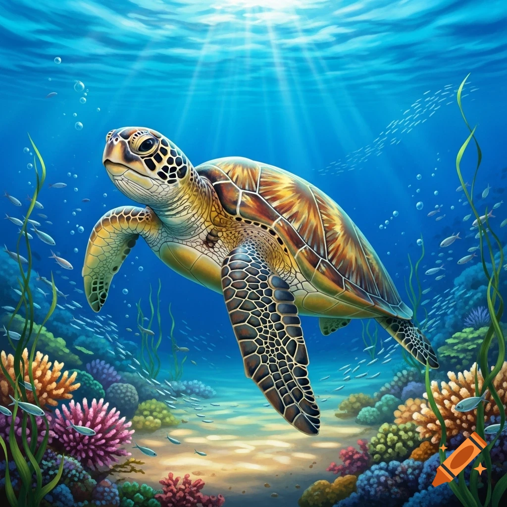 A vibrant green sea turtle swims gracefully through a sunlit coral reef, surrounded by colorful corals and small fish in clear blue water.