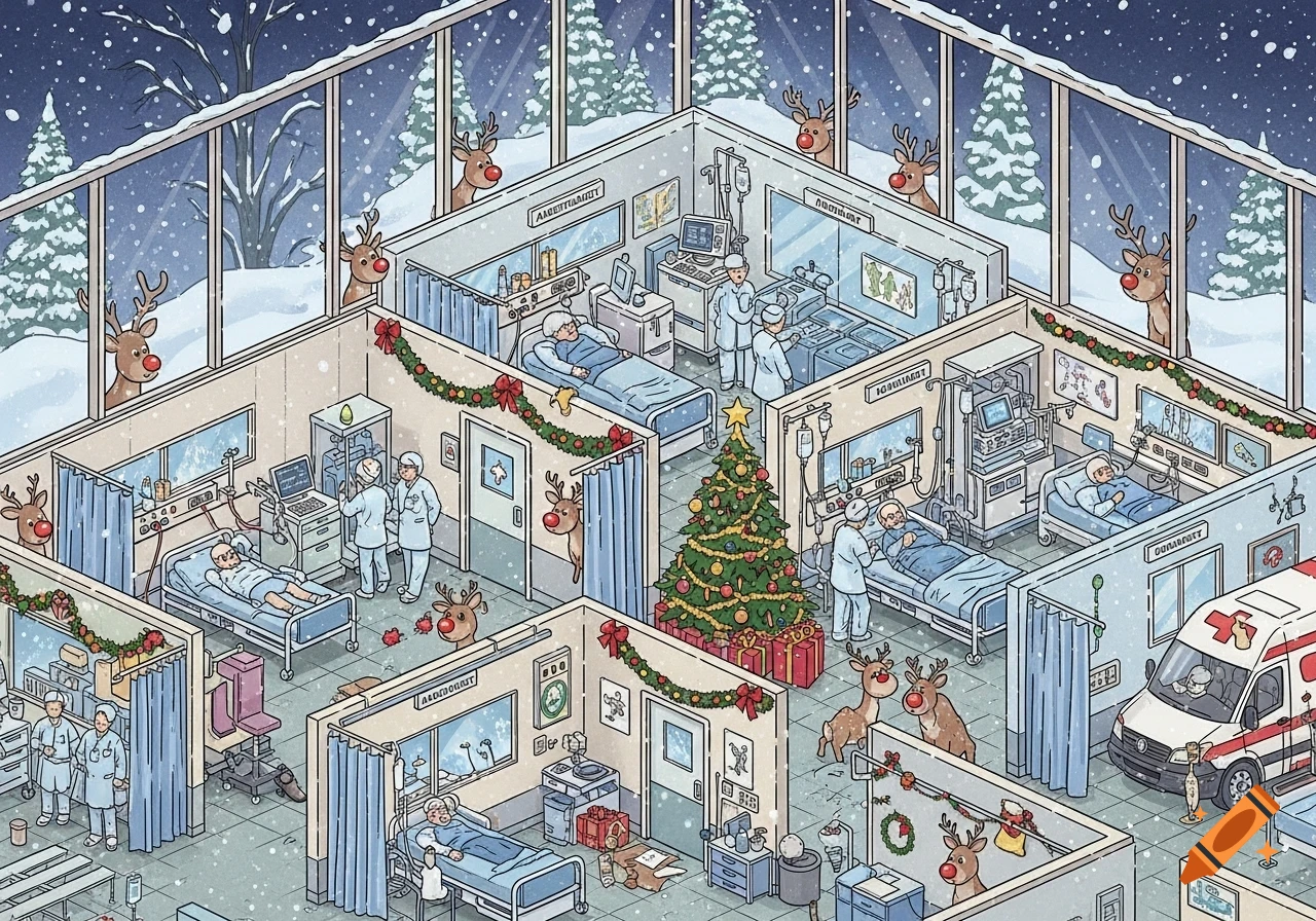 Detailed isometric illustration of a busy Christmas hospital ward with doctors, patients, and hidden red-nosed reindeers amidst falling snow.