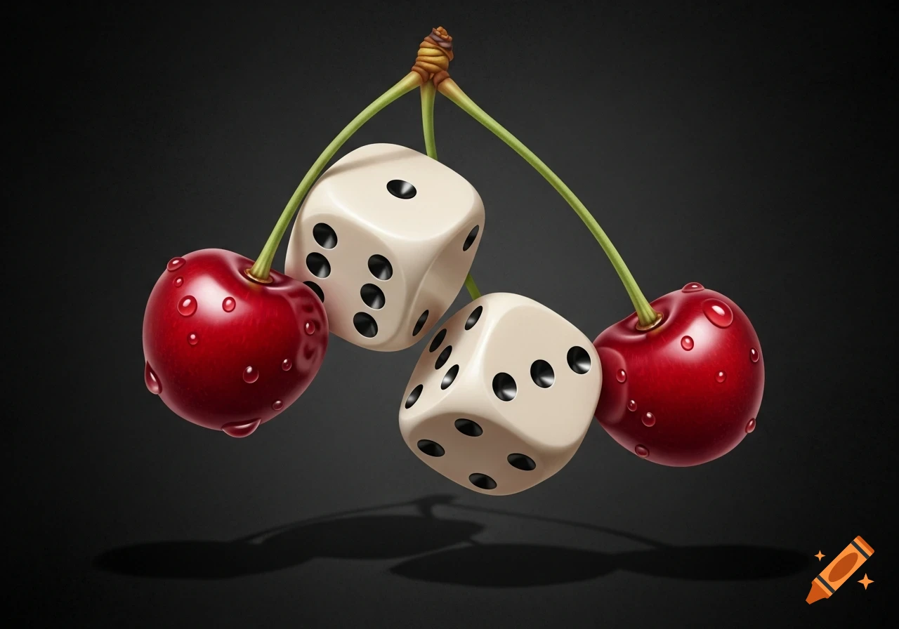 A tattoo-style illustration of two red cherries with water droplets, each connected by a stem to a white die, against a dark background.