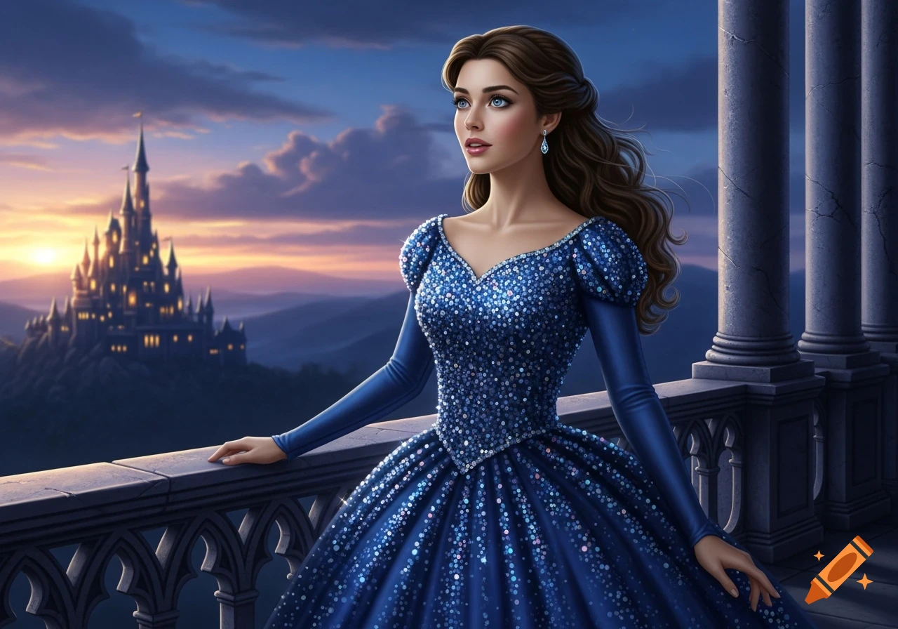 A princess in a shimmering blue gown stands on a balcony, gazing towards a majestic castle at sunset.