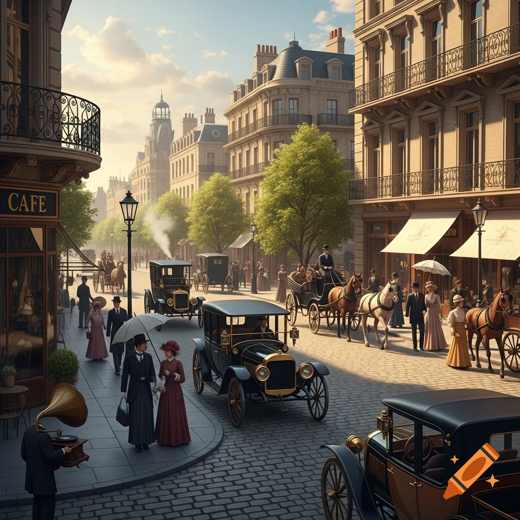 A vibrant historical city street scene, with horse-drawn carriages, vintage cars, and people in early 20th-century attire on a cobblestone road.
