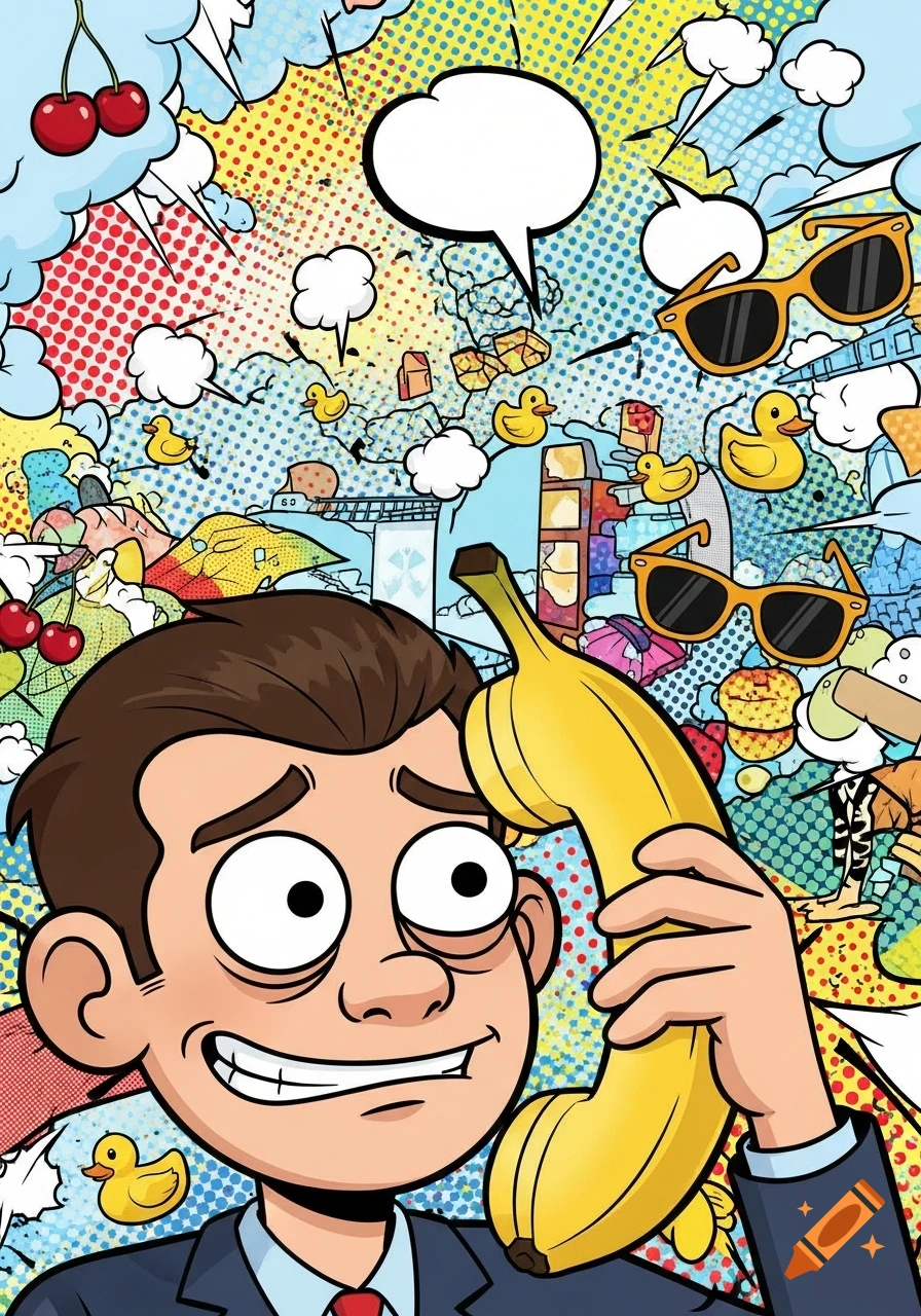 Cartoon man using a banana as a phone, smiling with wide eyes. Pop art background with rubber ducks, cherries, and sunglasses.
