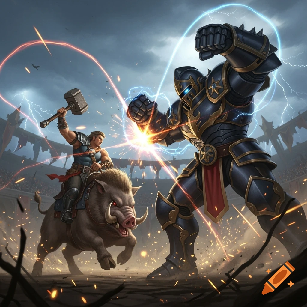A muscular warrior on a fierce boart, holding a hammer, battles a giant armored knight in an arena with lightning and sparks.
