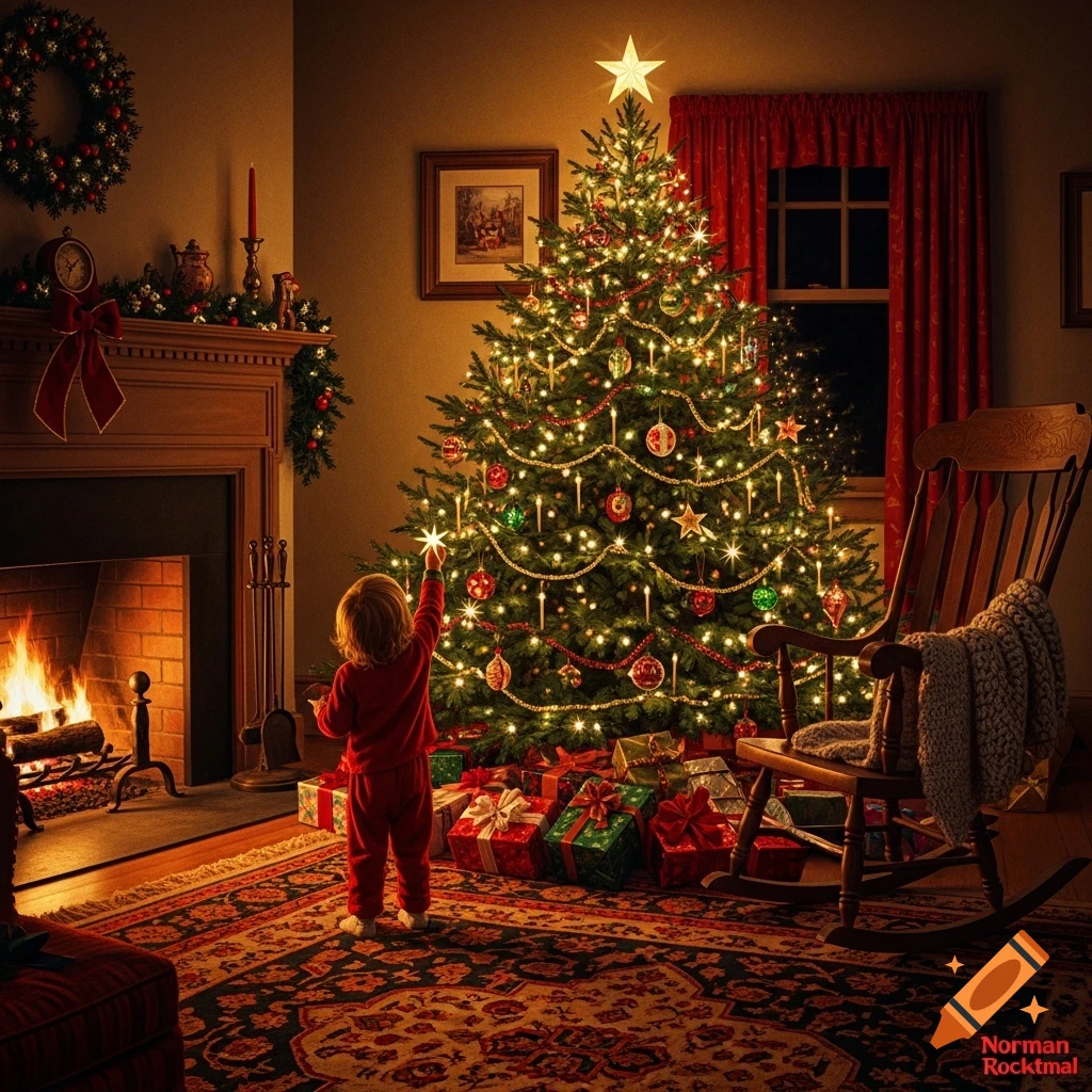 A child in red pajamas reaches for a star on a brightly lit Christmas tree in a warm, cozy room with a fireplace and presents.