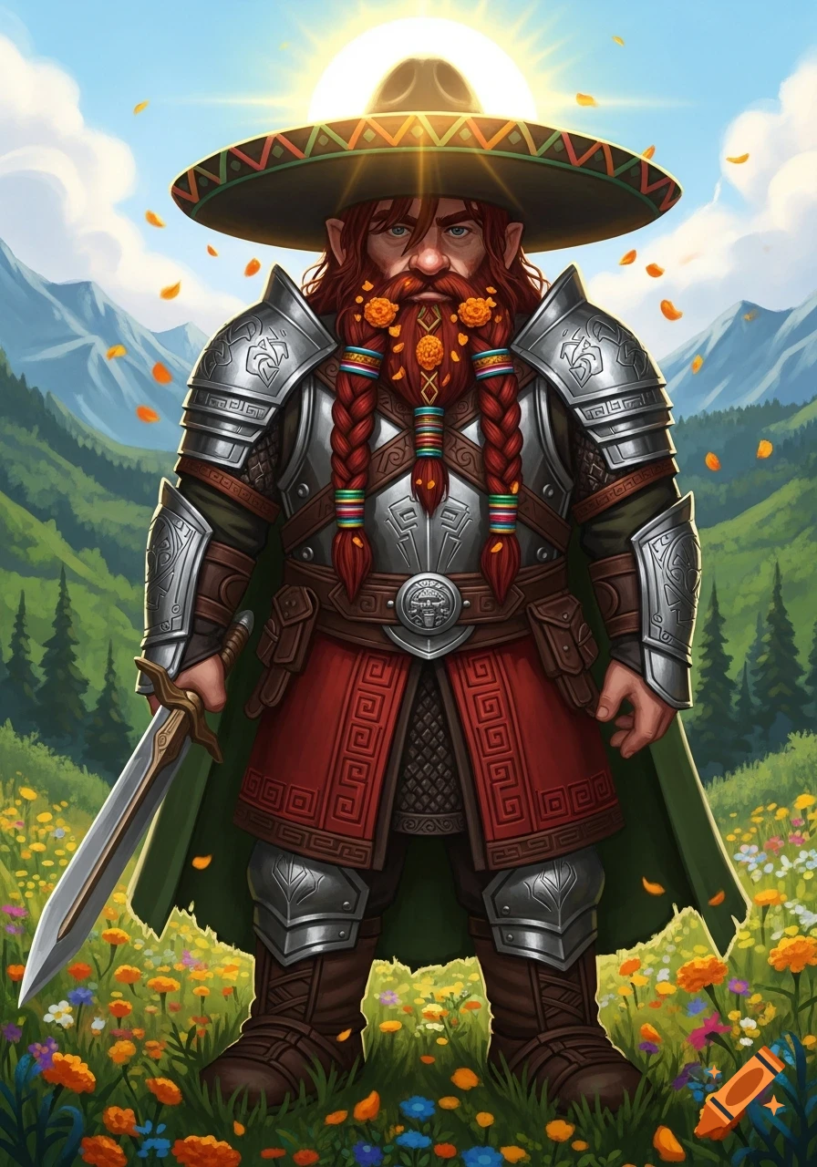 A heavily armored dwarf with a braided red beard and sombrero stands in a sunlit field of wildflowers with mountains in the background.