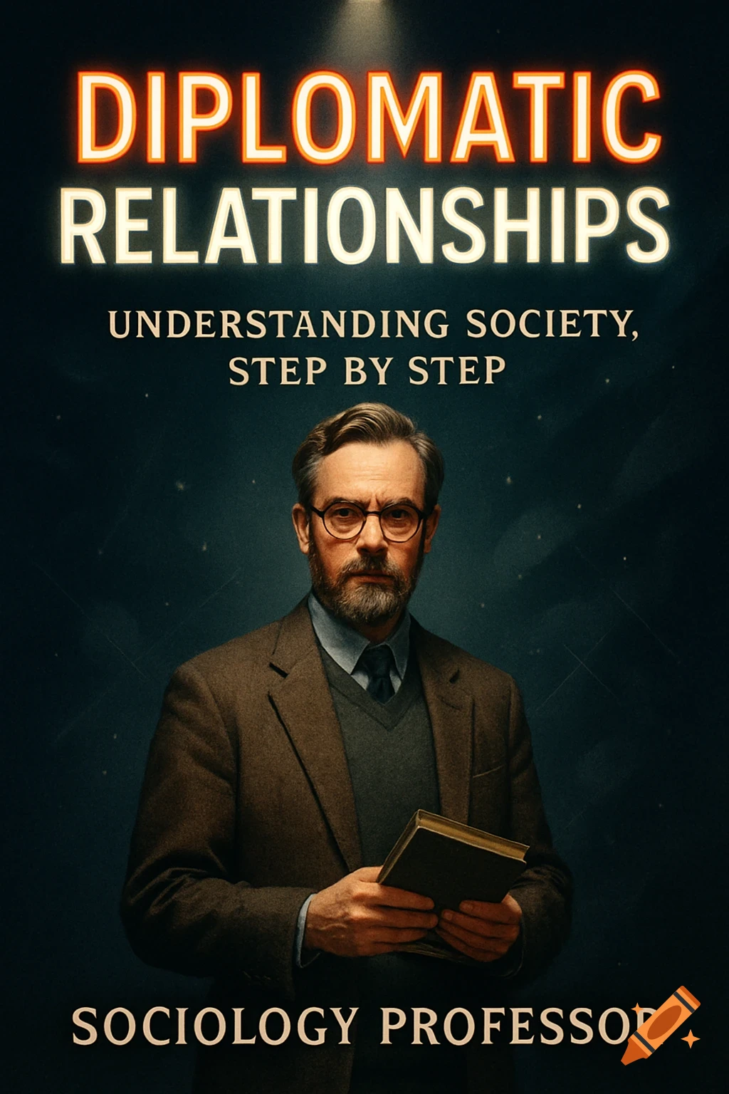 A serious sociology professor in glasses and a tweed jacket holds a book, with "Diplomatic Relationships" as the title.