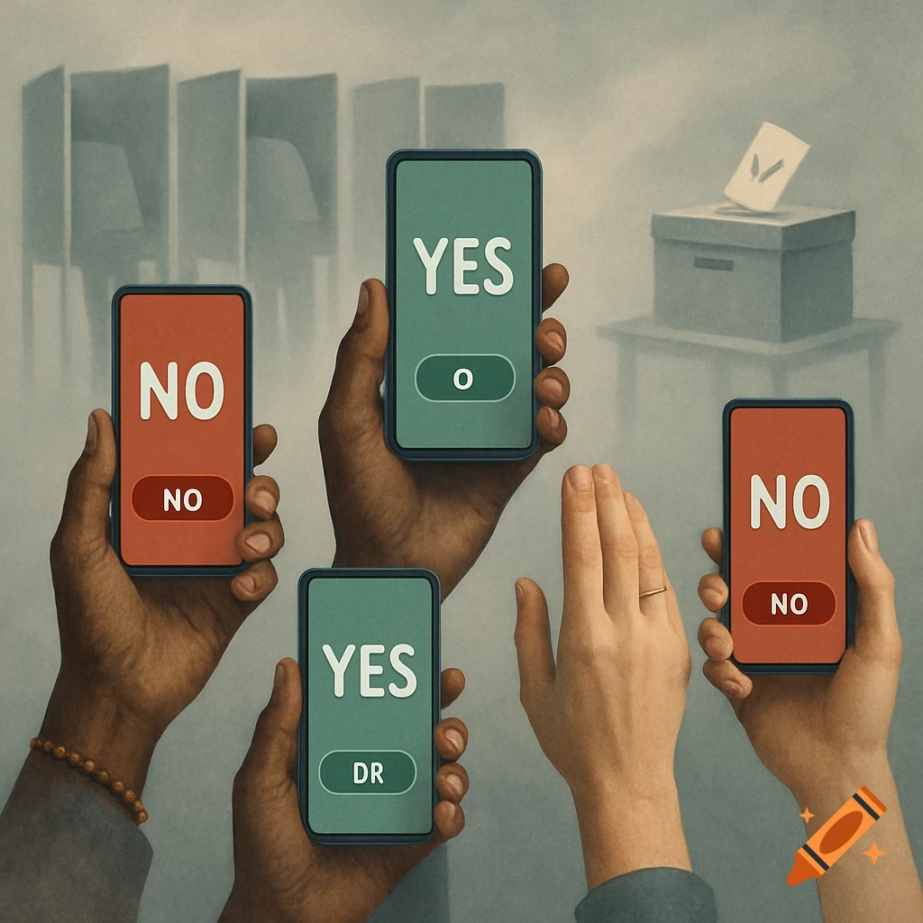 Diverse hands hold smartphones displaying 'Yes' or 'No' voting interfaces, with a traditional voting booth in the muted background, in a thoughtful, modern style.
