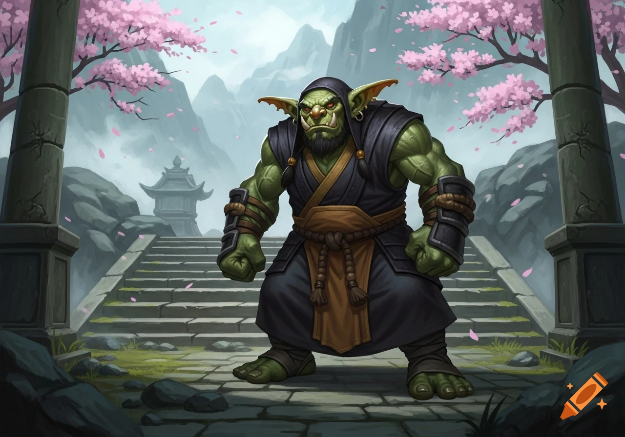 A muscular green goblin monk in a black hooded robe stands on stone steps with pink cherry blossoms, a distant Asian temple, and misty mountains in fantasy art.
