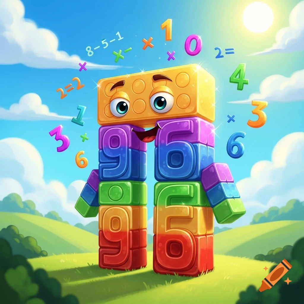 A smiling, colorful cartoon character made of stacked number blocks, forming the numbers 9 and 6, in a sunny green field with floating numbers and math symbols.