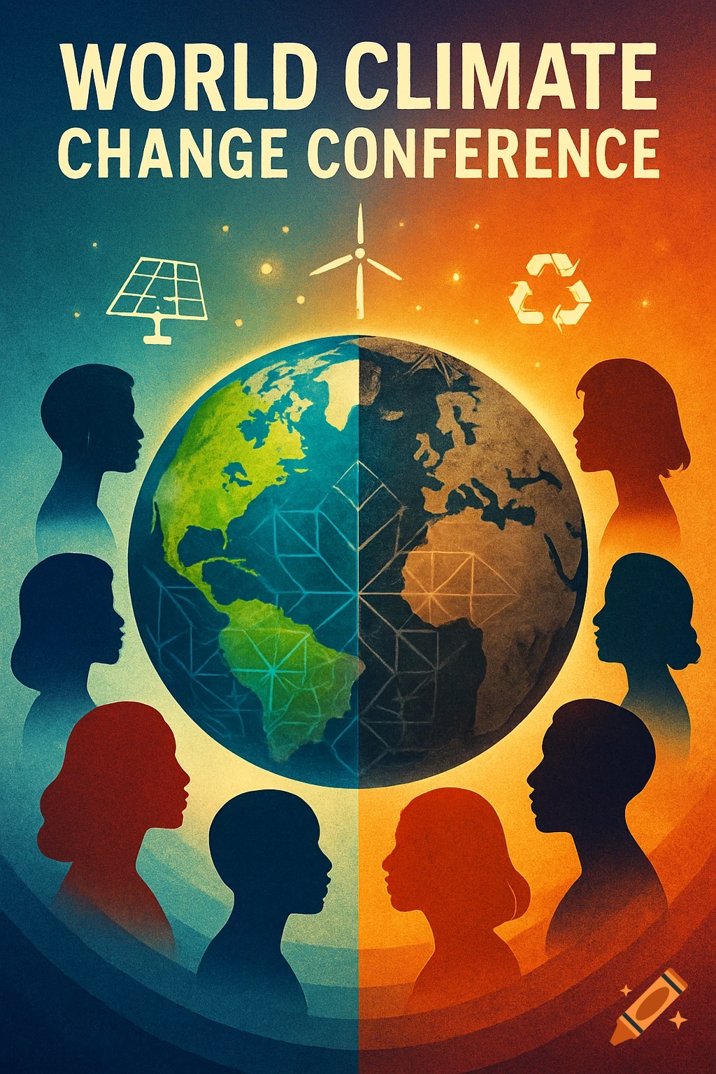 A poster for the World Climate Change Conference, featuring a divided Earth, green and thriving on one side, barren on the other, surrounded by silhouetted people and environmental icons against a blue and orange gradient.